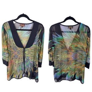 Barcelino San Francisco Cardigan blouse Sz S  Rainbow Peacocks Print Mesh 3/4